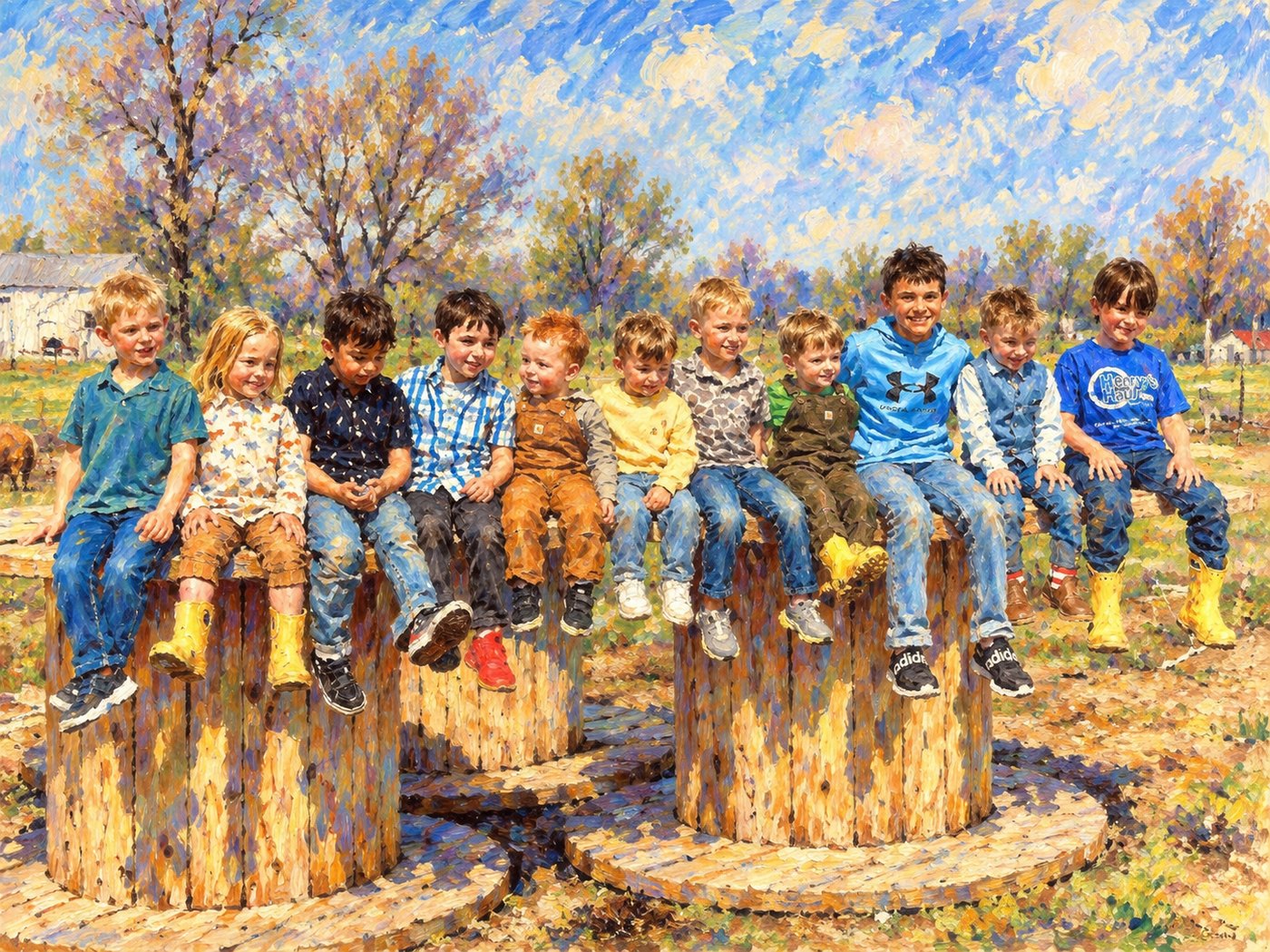 Farmschool children sitting in a row on wooden stumps