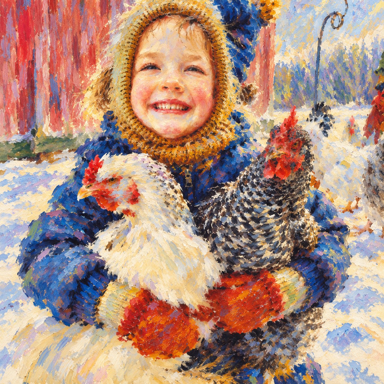 Child holding two chickens in the snow at Farmschool