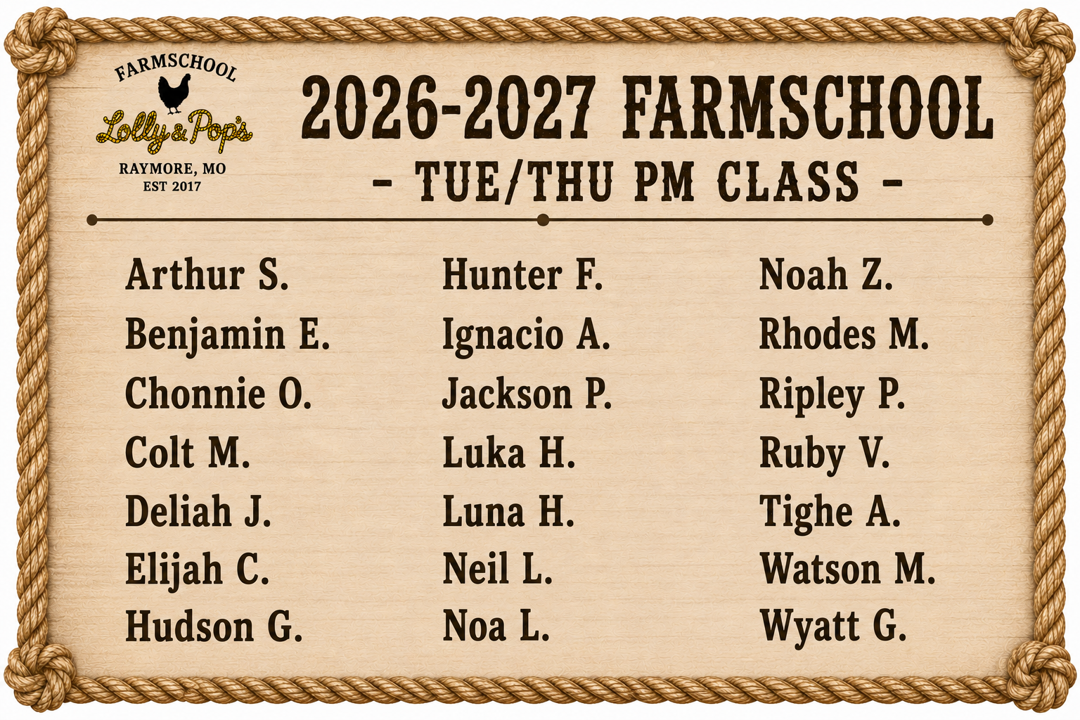 TTH PM Class Roster