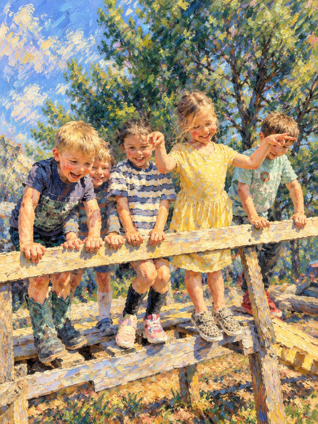 Children playing on the farm fence