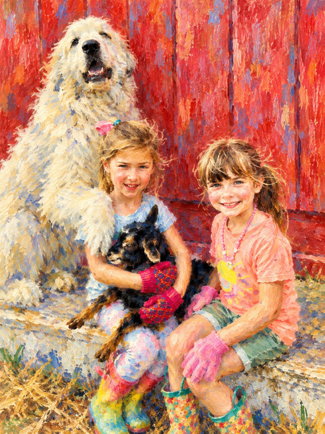 Children with the farm dog and a baby goat